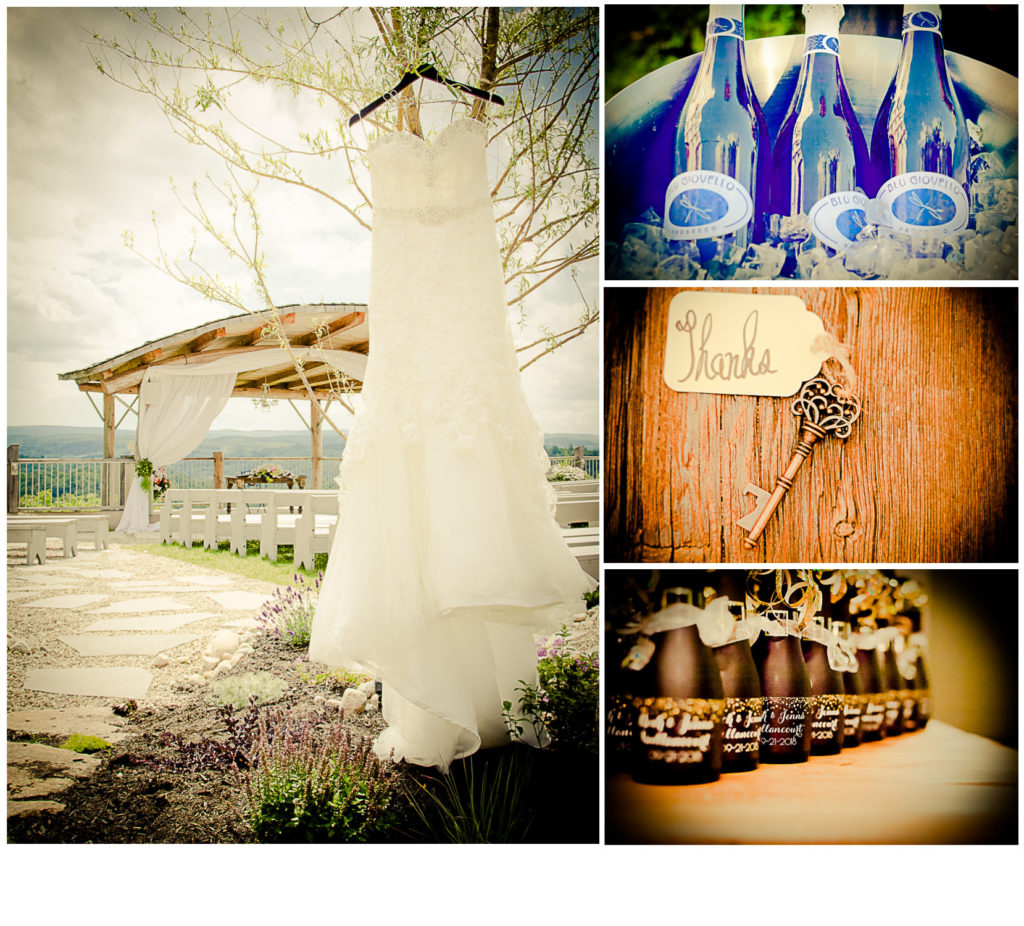 Details from a wedding, bride's dress, champagne, thank you favour