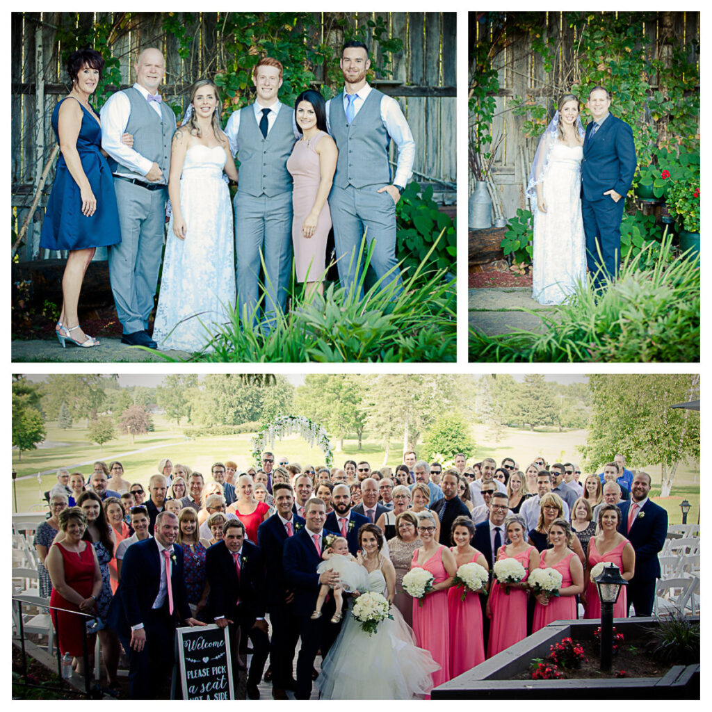 Couple surrounded by both sides of their family, everyone looking joyful