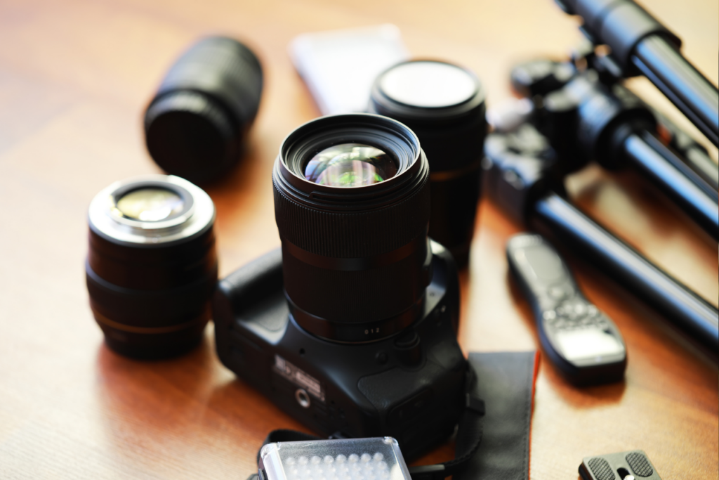 Photography gear setup at wedding — professional equipment used by vendor meal wedding photographer